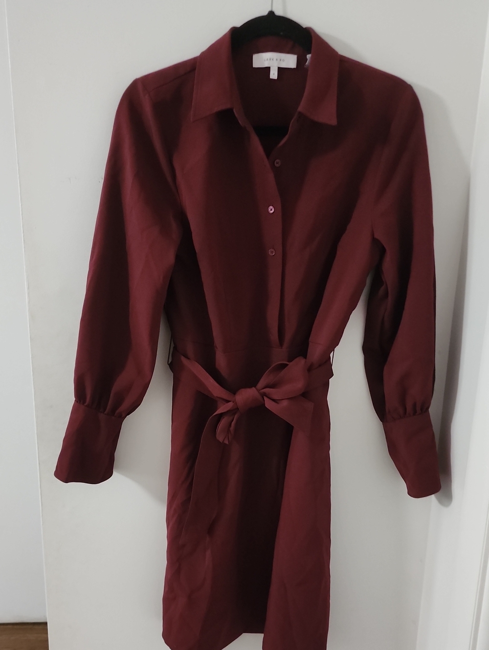 Lark & Ro Burgundy Long Sleeve Tie-Waist Shirt Dress